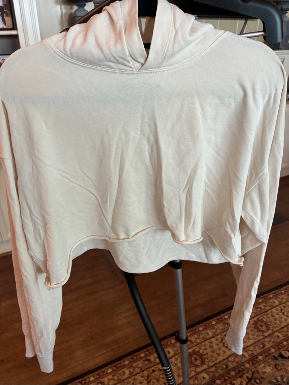 Lulu's Cream Cropped Hooded Sweat Set with wide leg bottoms
